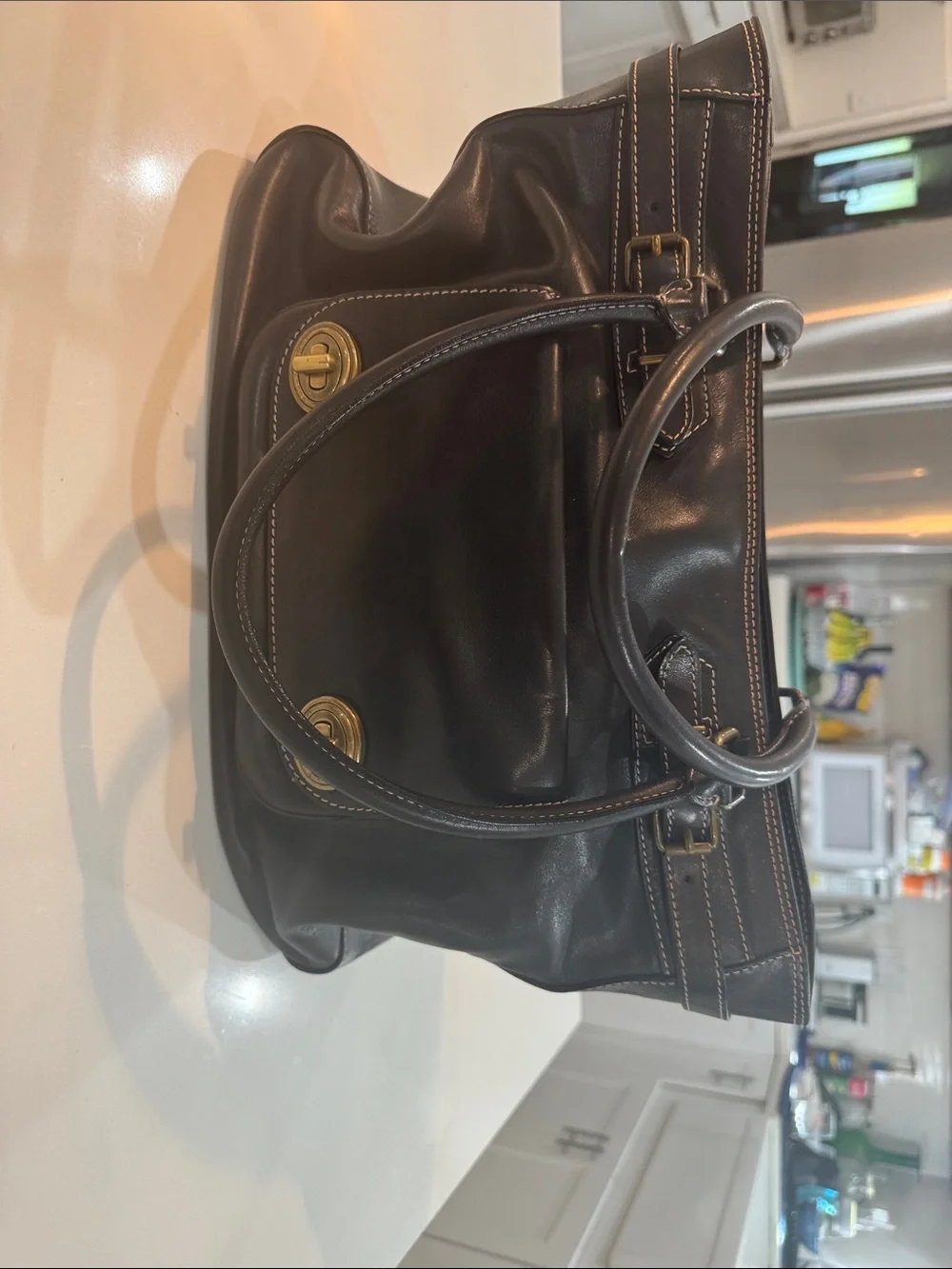 Marc Jacobs Black Leather Top-Handle Tote with Gold Hardware